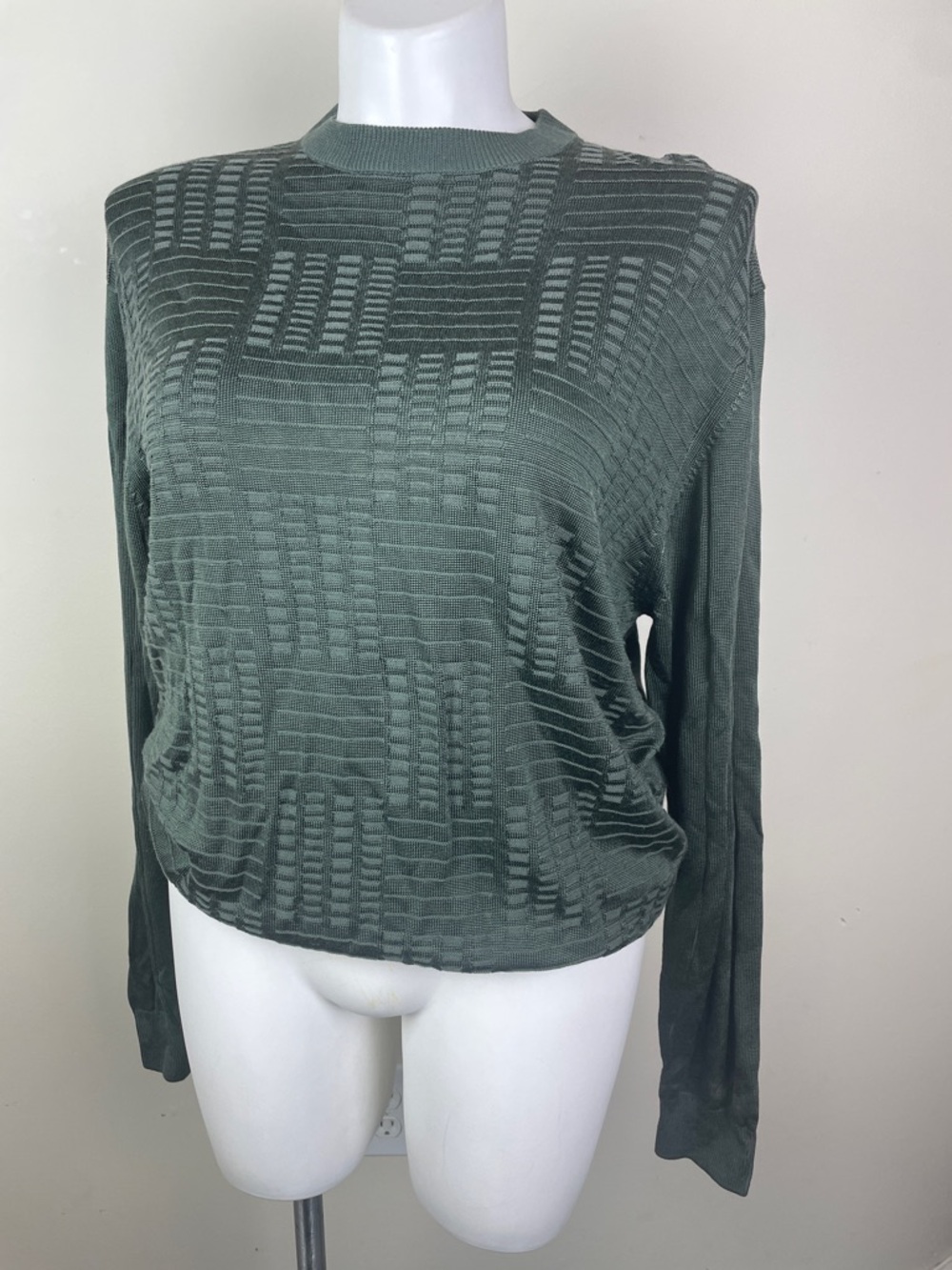 Villini Checker Square Textured Sweater Olive Green Knit